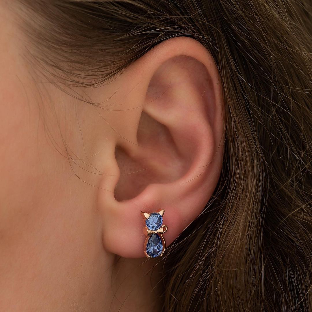 Cat Shape Blue Round And Pear Cut Cubic Zirconia Solitaire Earrings | Minimalist Cat Mystical Earrings | Everyday Wear Earring For Her