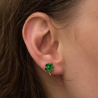 Clover Shape Green Heart Cut Cubic Zirconia Prong Earrings For Her | Four Leaf Clover Earring For Women | Bridesmaid And Cut Earring
