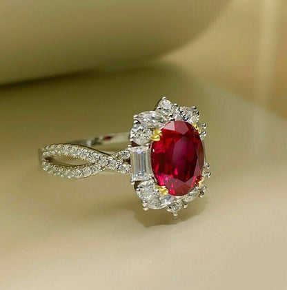 2.95Ct Red Oval Cut Halo Ring | Wedding Ring | Bride To Be | Bridal Collection