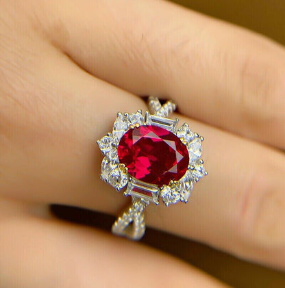 2.95Ct Red Oval Cut Halo Ring | Wedding Ring | Bride To Be | Bridal Collection