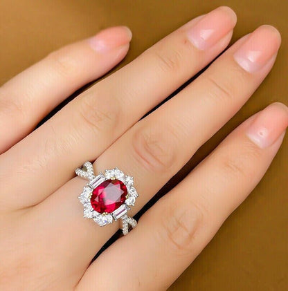 2.95Ct Red Oval Cut Halo Ring | Wedding Ring | Bride To Be | Bridal Collection