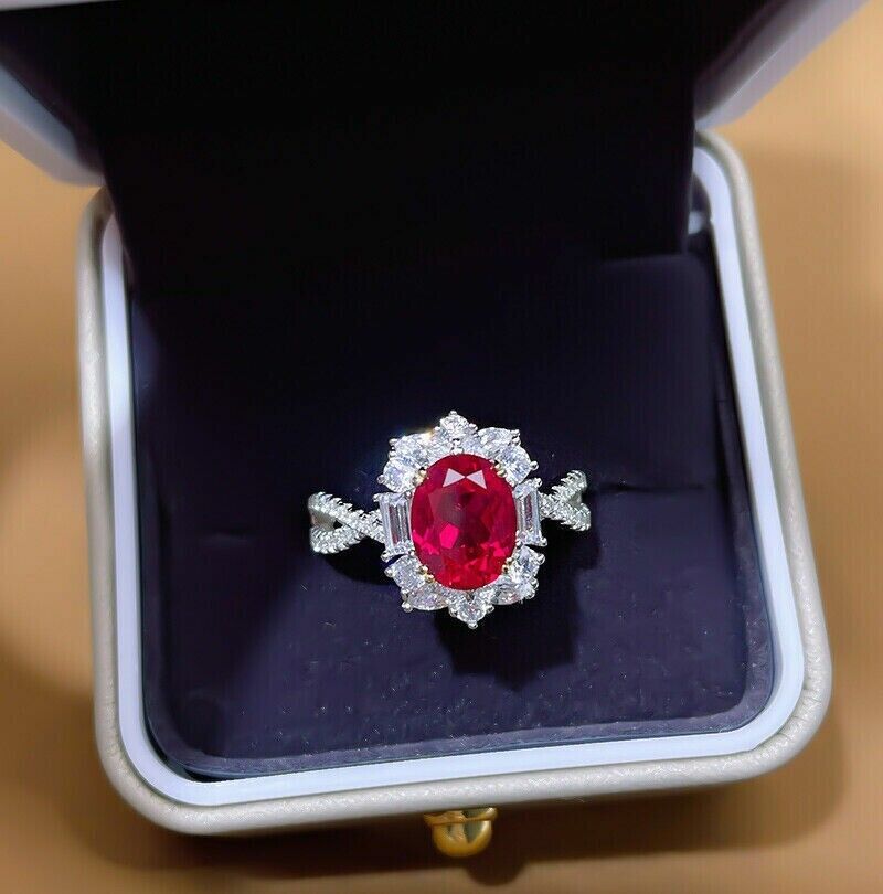 2.95Ct Red Oval Cut Halo Ring | Wedding Ring | Bride To Be | Bridal Collection
