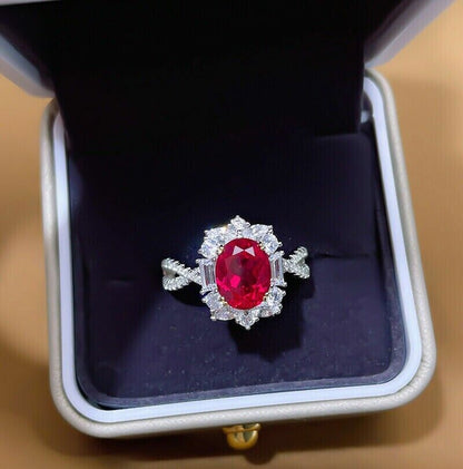 2.95Ct Red Oval Cut Halo Ring | Wedding Ring | Bride To Be | Bridal Collection