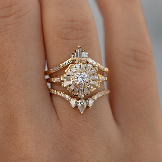 1.5CT White Round Cut Halo Ring Set | Bridal Wedding Ring Set | Triple Band Ring Set | Luxury Jewelry