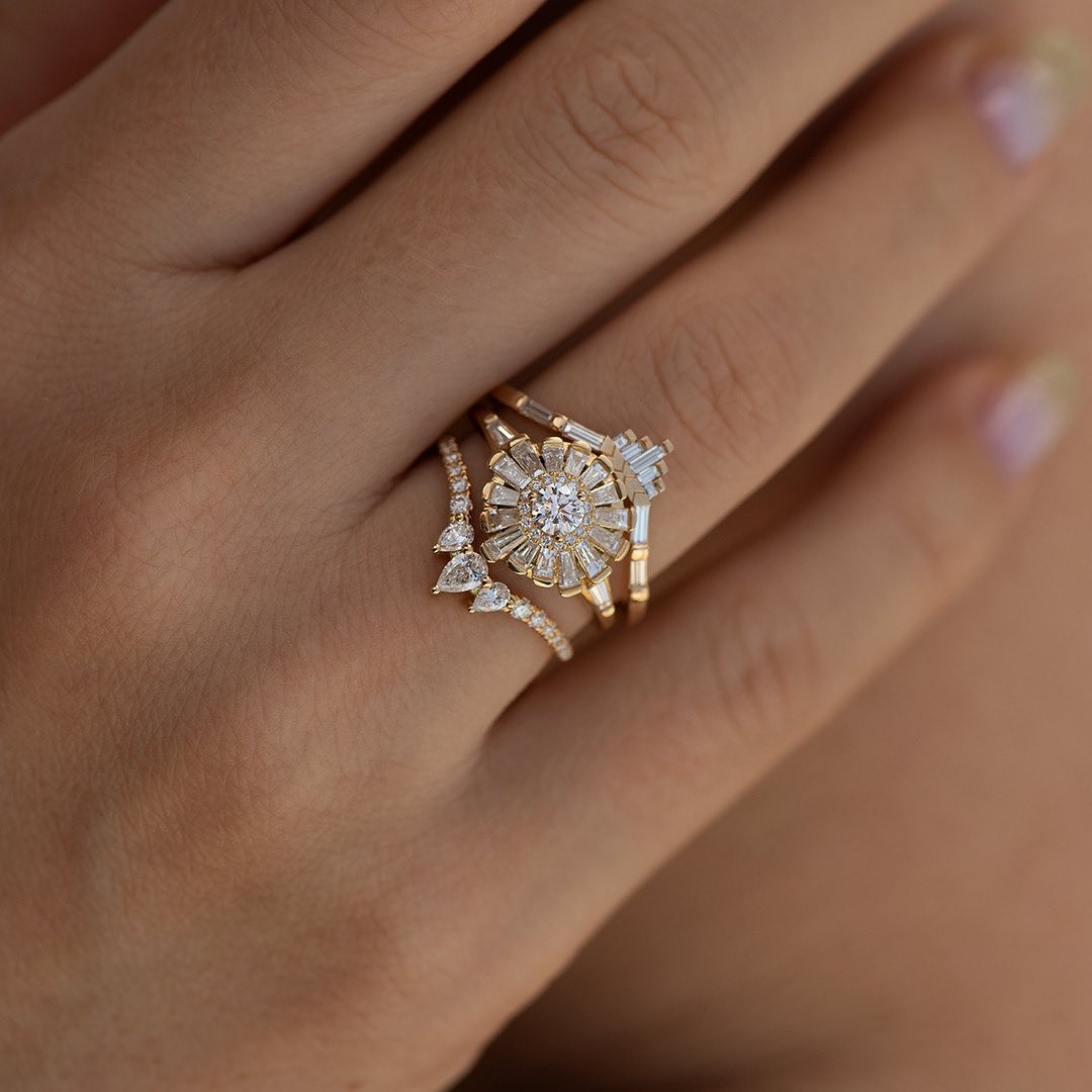 1.5CT White Round Cut Halo Ring Set | Bridal Wedding Ring Set | Triple Band Ring Set | Luxury Jewelry