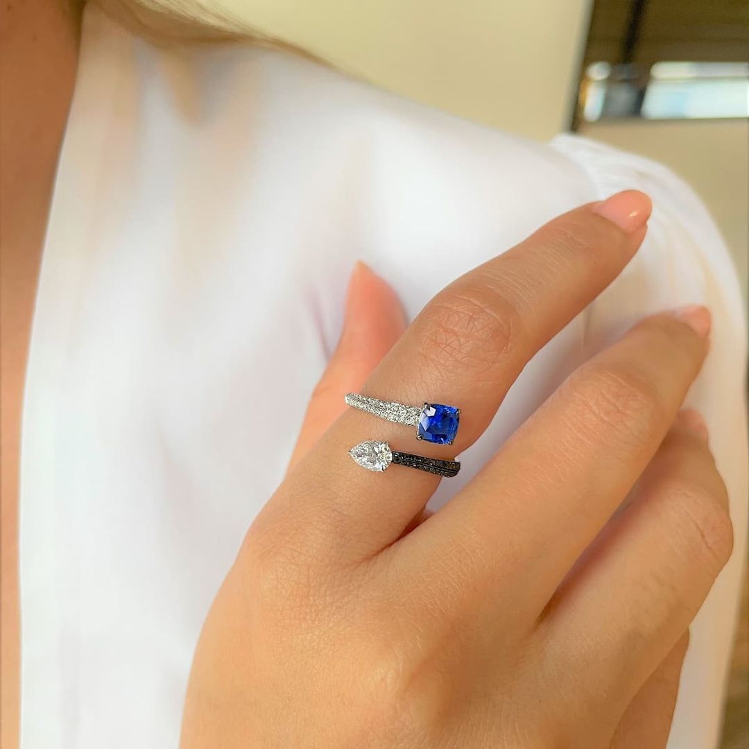 2.2CT Blue Cushion White Pear Cut Two Stone Ring | Birthday Gift Ring | Bypass Ring | Women Jewelry