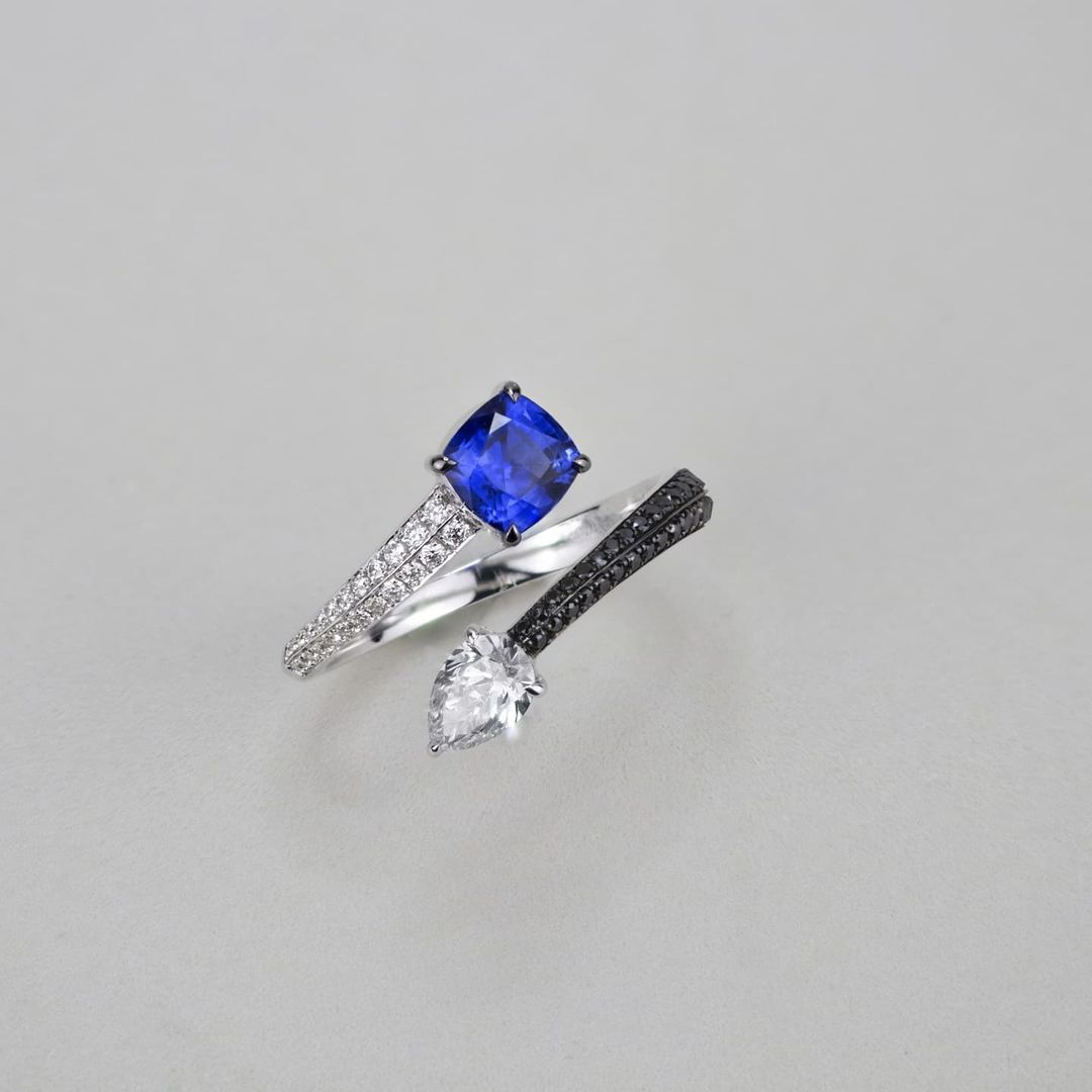 2.2CT Blue Cushion White Pear Cut Two Stone Ring | Birthday Gift Ring | Bypass Ring | Women Jewelry