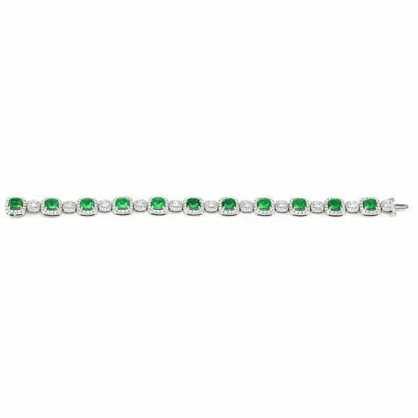Green Cushion And White Round Brilliant Cut Signity Diamond Halo Bracelet | Party Wear Bracelet For Women | Bridal Wedding Gift Bracelet