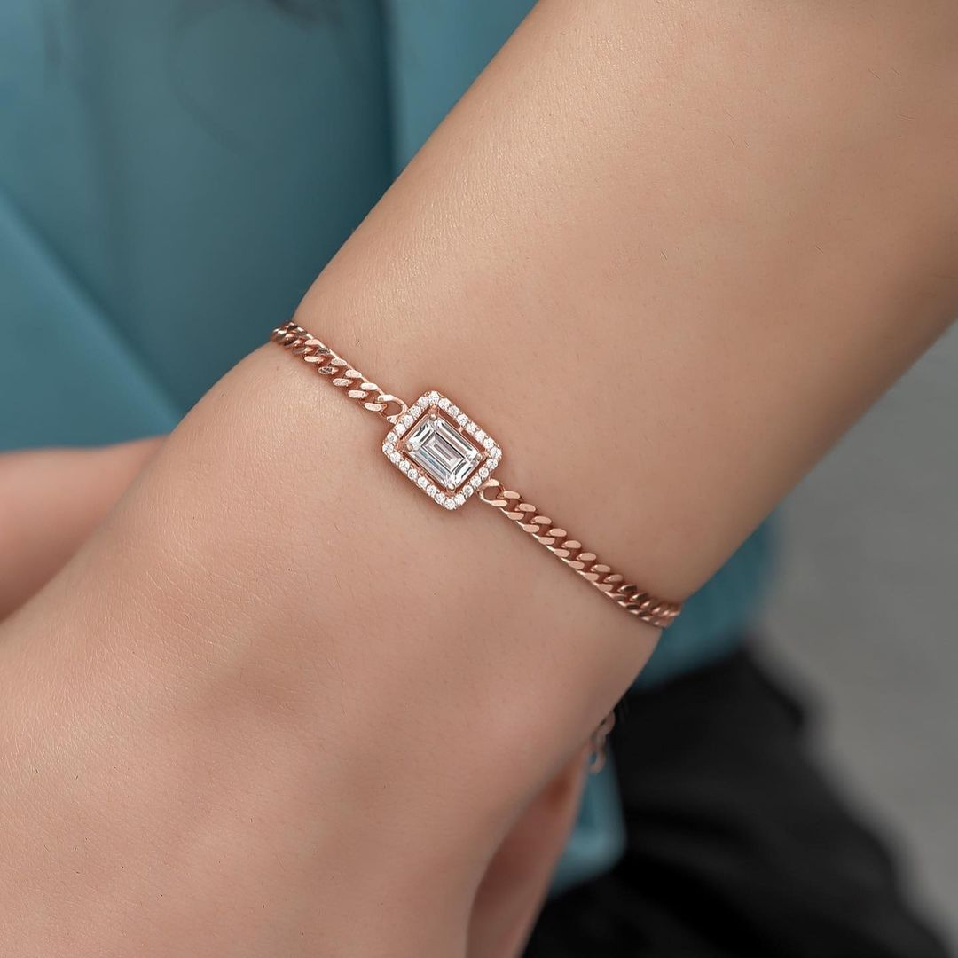 White Emerald Brilliant Cut Signity Diamond Halo Bracelet For Women | Chain Bracelet For Her | Everyday Wear Bracelet