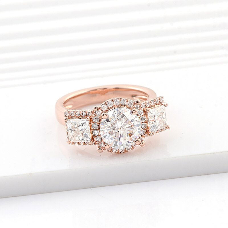 2.8Ct White Round Cut Halo And Three Stone Ring For Her | Bridesmaid Wedding Ring | Fashion Jewelry Piece | Statement Ring For Women