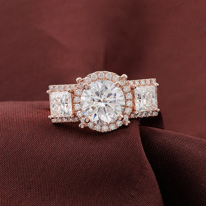 2.8Ct White Round Cut Halo And Three Stone Ring For Her | Bridesmaid Wedding Ring | Fashion Jewelry Piece | Statement Ring For Women