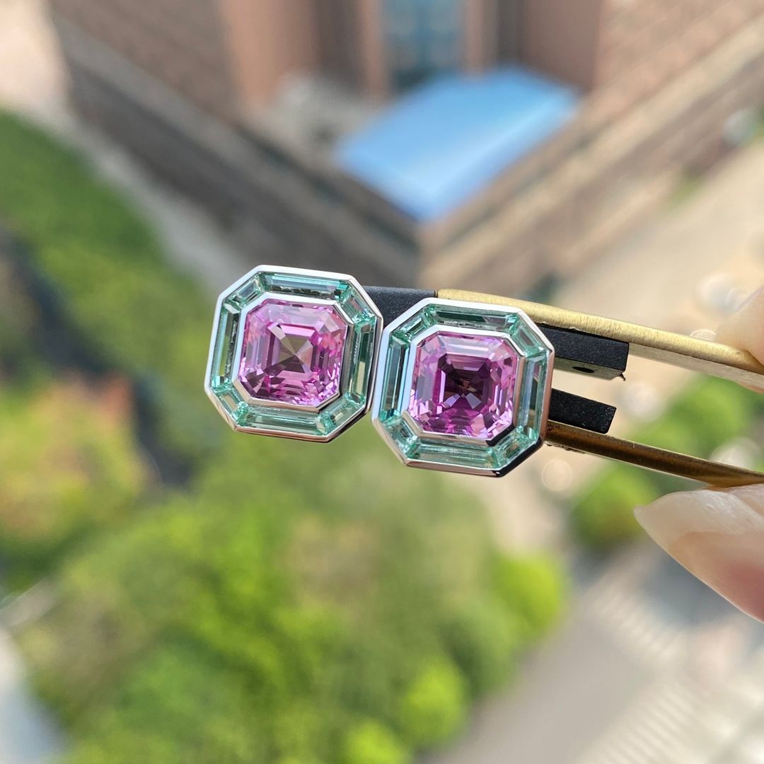 Pink Asscher Cut Cubic Zirconia Bezel Set Stud Earring For Women | Birthday Gift Earring For Sister | Statement Earring For Her
