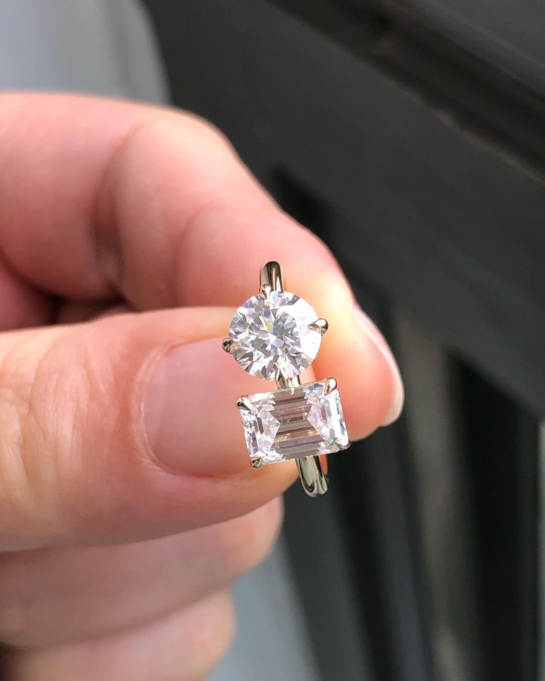 2.88Ct White Round And Emerald Cut Two Stone Ring | Toi Et Moi Ring | Proposal Ring For Girlfriend