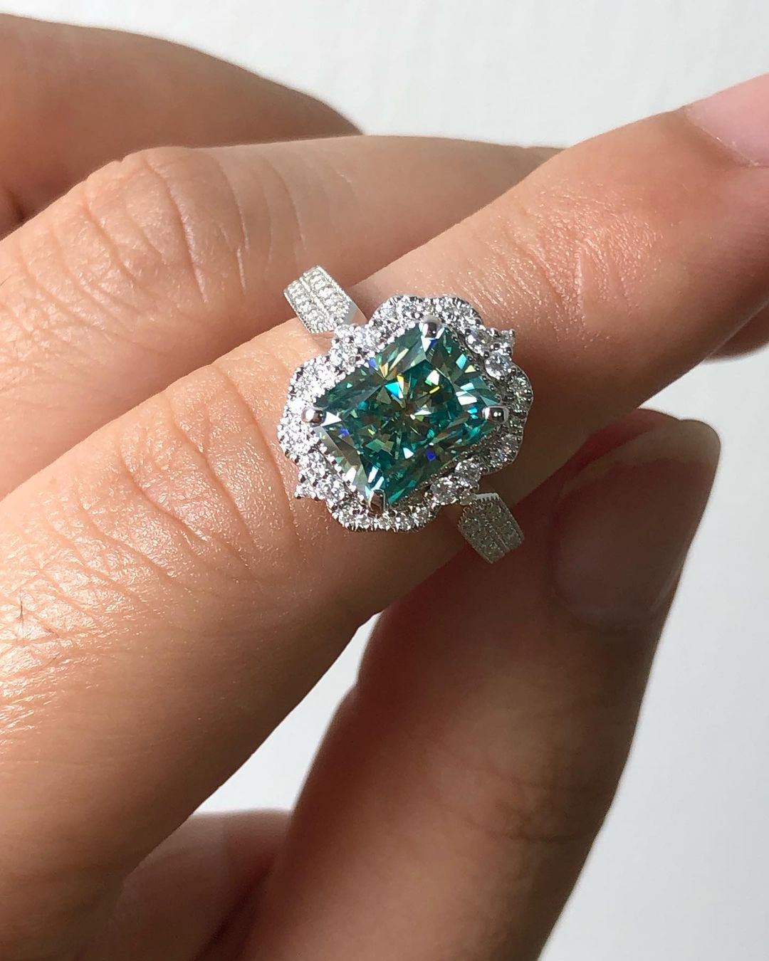 Vintage 2.80Ct Green Blue Radiant Cut Moissanite Halo Ring | Perfect Wedding Ring For Bridal | Delicate Solo Diamond Ring | Special Occasion Ring