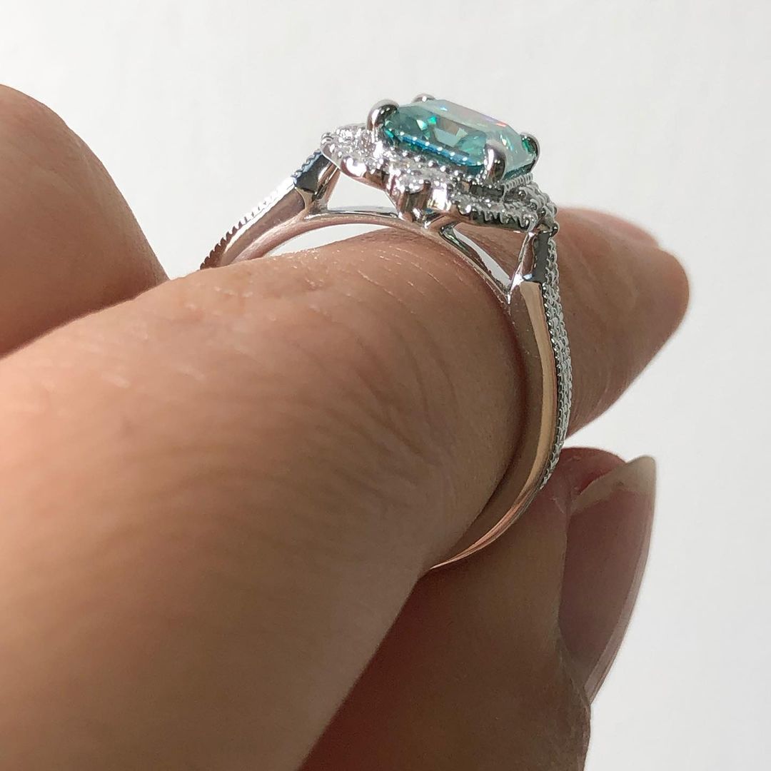 Vintage 2.80Ct Green Blue Radiant Cut Moissanite Halo Ring | Perfect Wedding Ring For Bridal | Delicate Solo Diamond Ring | Special Occasion Ring