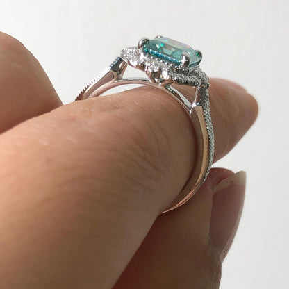 Vintage 2.80Ct Green Blue Radiant Cut Moissanite Halo Ring | Perfect Wedding Ring For Bridal | Delicate Solo Diamond Ring | Special Occasion Ring