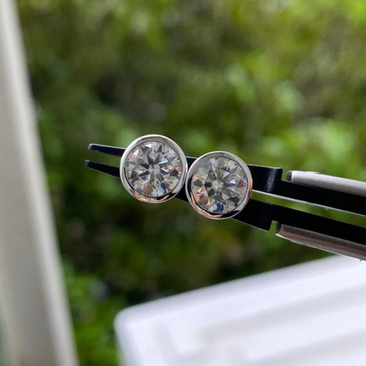 White Round Cut Cubic Zirconia Bezel Set Stud Earrings For Her | Birthday Gift Stud Earring | Proposal Gift Stud Earring For Love