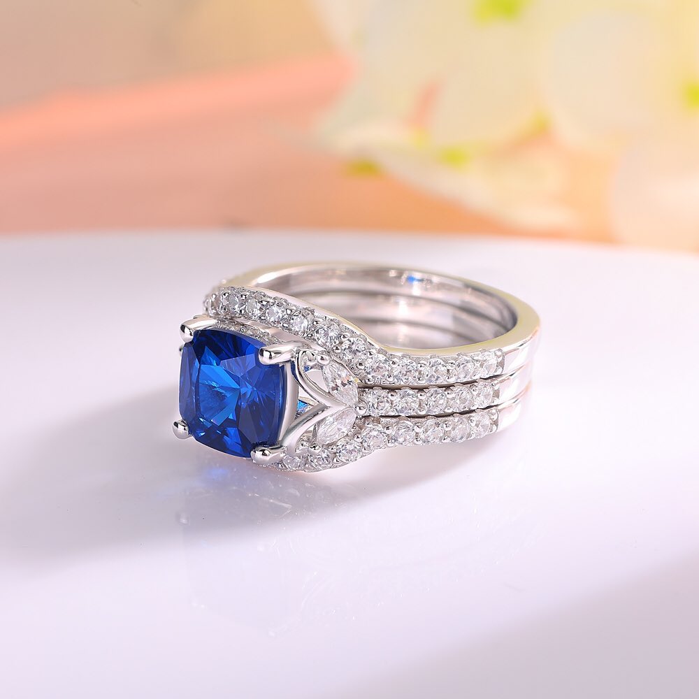 3.20Ct Blue Cushion Cut Solitaire Ring Set | Jewelry Collection For Women | Party Wear Ring Set