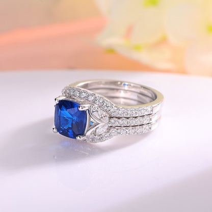 3.20Ct Blue Cushion Cut Solitaire Ring Set | Jewelry Collection For Women | Party Wear Ring Set