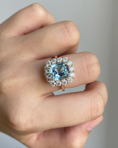 2.88Ct Aquamarine Cushion Cut Halo Ring | Party Wear Ring For Her | Customize Ring For Women