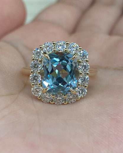 2.88Ct Aquamarine Cushion Cut Halo Ring | Party Wear Ring For Her | Customize Ring For Women