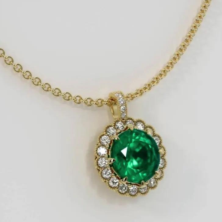 Vintage 2.77Ct Green Round Cut Halo Pendant | Wedding Gift Pendant For Women | Bridal Jewelry | Designer Jewelry Piece