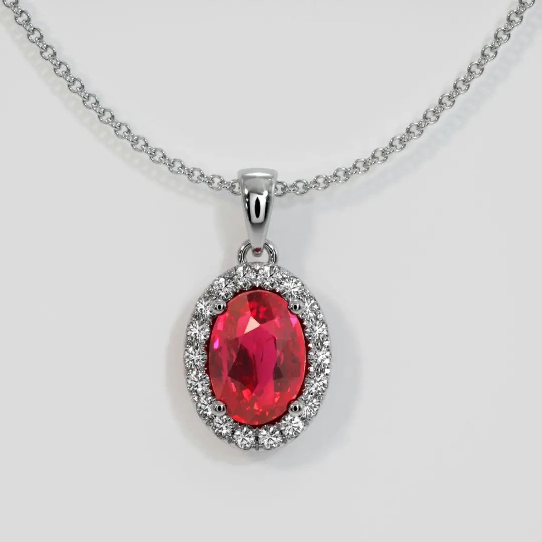 2.88Ct Red Oval Cut Halo Pendant | Daily Wear Pendant | Glamorous Pendant | Forever One Pendant For Her | Women Jewelry