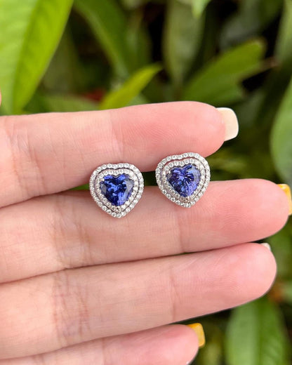 Blue Heart Cut Cubic Zirconia Double Halo Stud Earring | Push Back Earring For Women | Engagement Bride Gift Earring