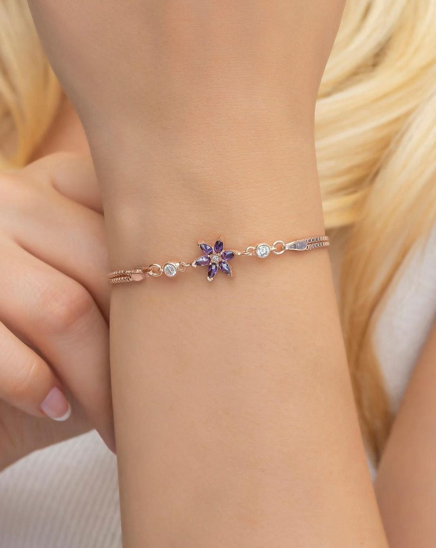 Purple Pear Brilliant Cut Signity Diamond Prong Set Bracelet | Lotus Flower Bracelet For Her | Women's Jewelry
