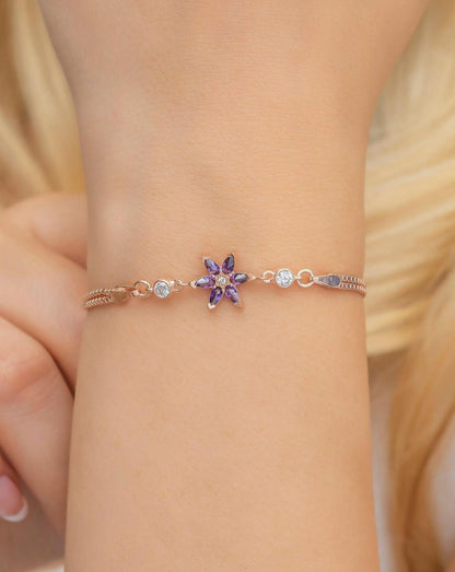 Purple Pear Brilliant Cut Signity Diamond Prong Set Bracelet | Lotus Flower Bracelet For Her | Women's Jewelry