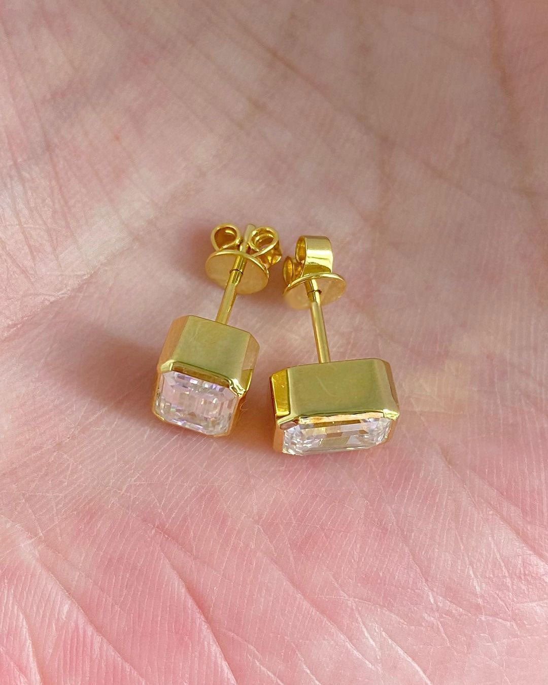 White Emerald Cut Cubic Zirconia Bezel Set Stud Earring | Promise Gift Earring For Love | Everyday Wear Earring For Women