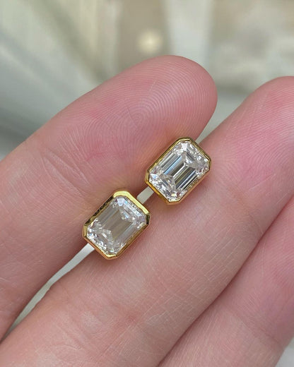 White Emerald Cut Cubic Zirconia Bezel Set Stud Earring | Promise Gift Earring For Love | Everyday Wear Earring For Women