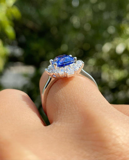3.10Ct Blue Cushion Cut Solitaire With Halo Ring | Special Occasion Ring For Women | Party Wear Ring