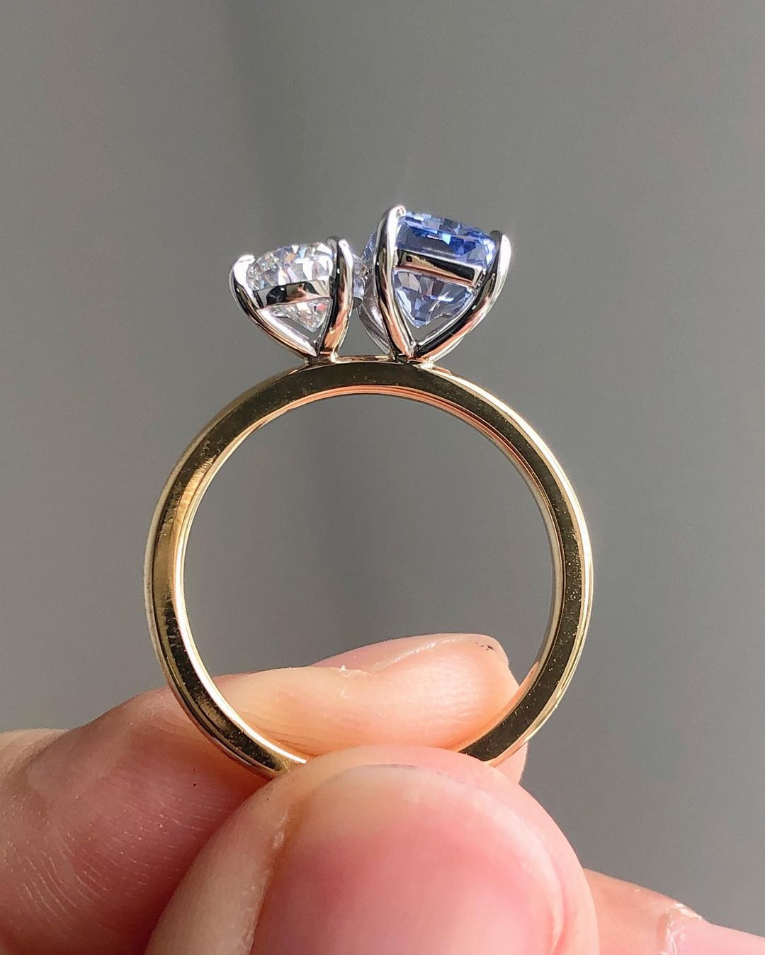 3.20Ct White Pear And Blue Radiant Cut Two Stone Ring | Toi Et Moi Ring | Engagement Ring