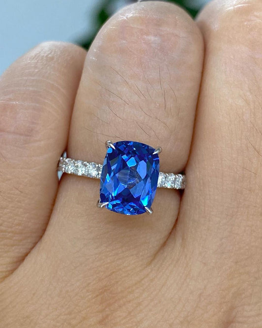 2.88Ct Blue Cushion Cut Solitaire Ring | Birthday Gift For Her | Special Occasion Ring For Women