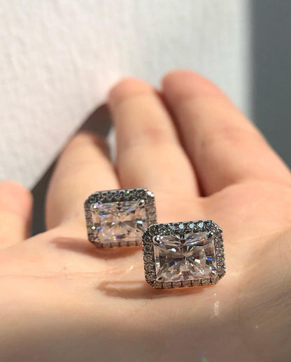 White Radiant Cut Cubic Zirconia Halo Stud Earrings For Women | Wedding Earring For Bridal | Perfect Occasion Gift For Her
