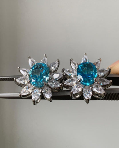 Aquamarine Oval Cut Cubic Zirconia Solitaire With Cluster Stud Earring | Party Wear Earring For Women | Bride To Be Earring | Fashion Jewelry Collection