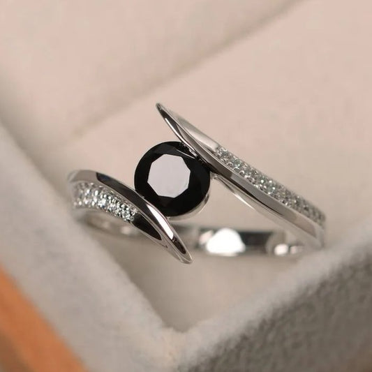 2.5CT Black Round Cut Tension Ring | Birthstone Ring For Her | Jewelry For Women | Delicate Ring