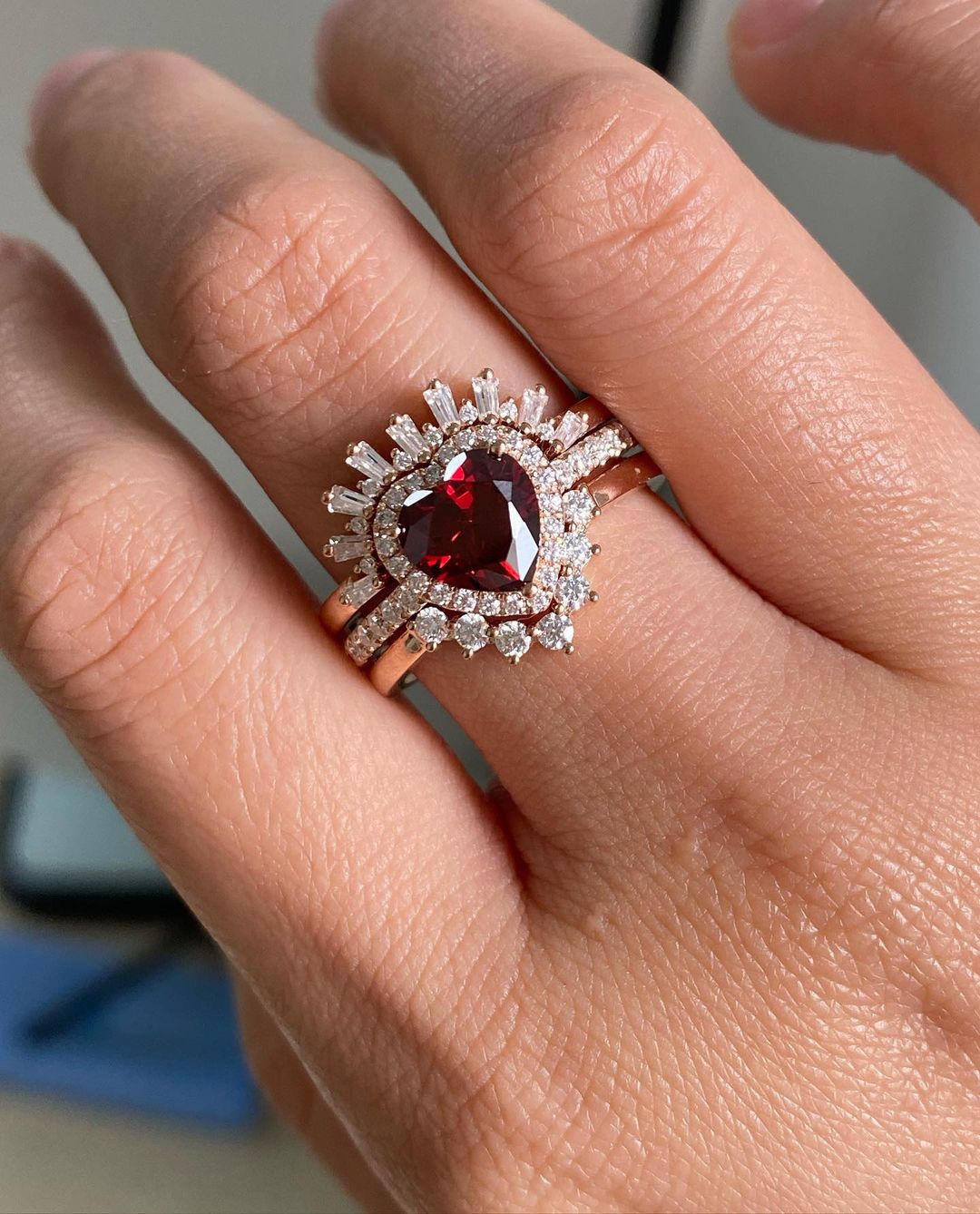 2.60Ct Red Heart Cut Halo Ring Set | Bridal Wedding Ring Set | Triple Band Ring Set | Fashion Jewelry