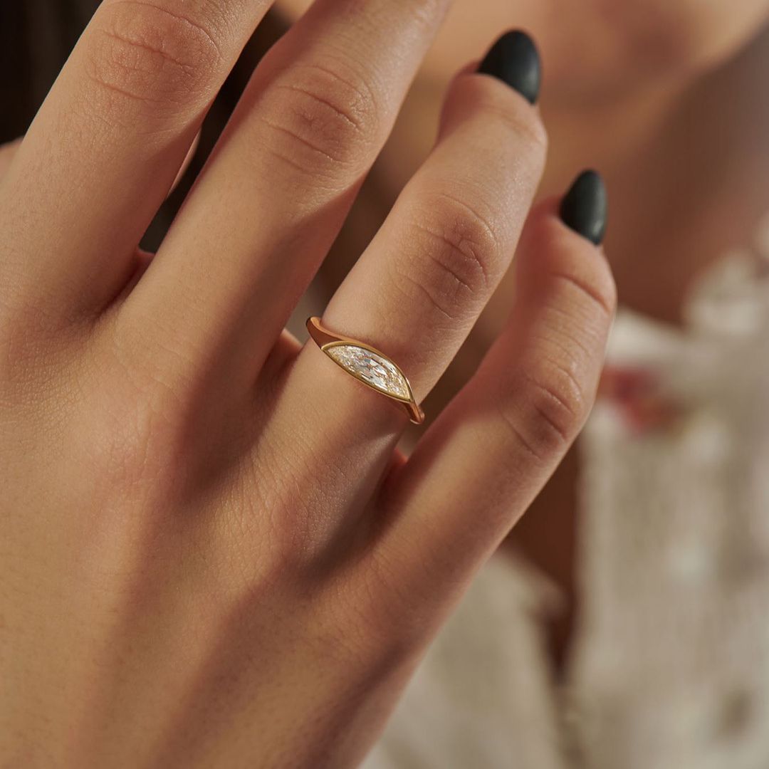 2.2Ct White Half Moon Cut Half Bezel Ring | Engagement Ring For Fiancee | Promise Ring | Thank You Gift Ring