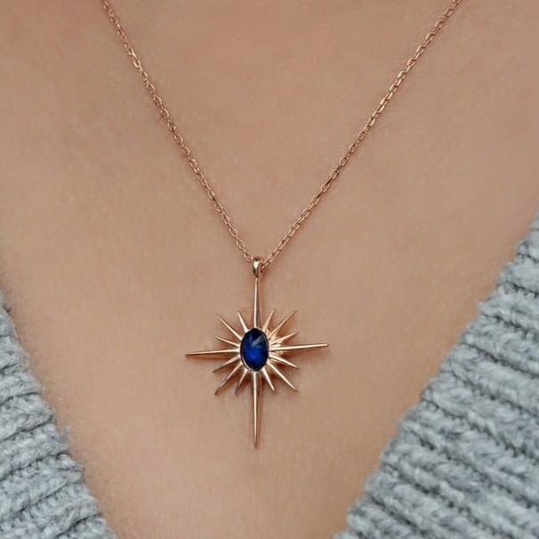 Polar Star Shape 2.70Ct Blue Oval Cut Bezel Pendant | Party Wear Pendant | Elegant pendant | Jewelry Collection
