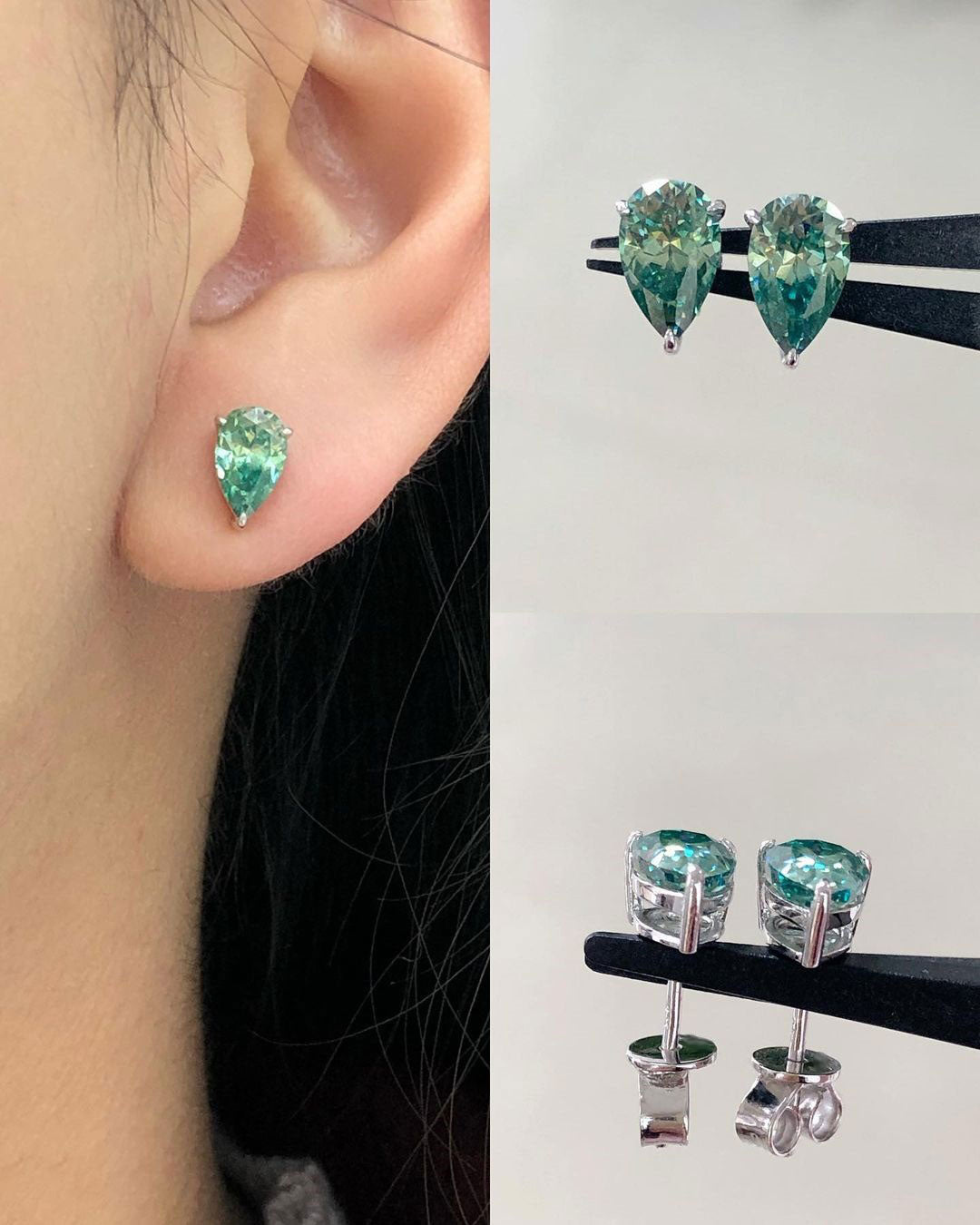 Simple Aquamarine Pear Cut Moissanite Diamond Stud Earrings | Solitaire Diamond Prong Set Stud Earrings | Engagement Gift Earrings For Her