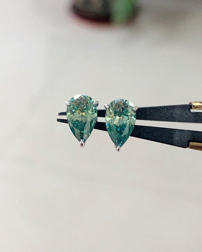 Simple Aquamarine Pear Cut Moissanite Diamond Stud Earrings | Solitaire Diamond Prong Set Stud Earrings | Engagement Gift Earrings For Her