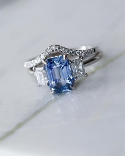 2.8Ct Blue Emerald Cut Three Stone Ring Set | Wedding Ring Set | Bridal Ring Set | Gift For Her