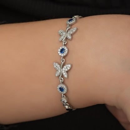 Blue Round Halo And Butterfly Pave Brilliant Cut Signity Diamond Bracelet For Women | Birthday Gift For Her | Fashion Jewelry