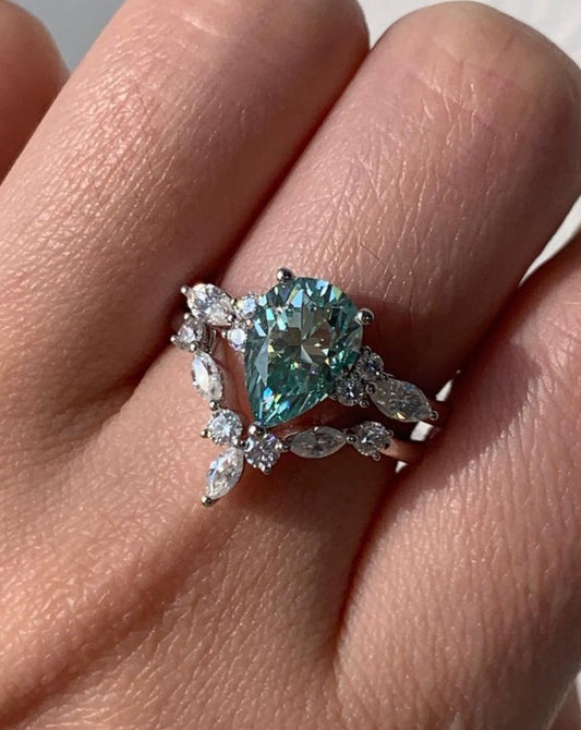 2.80Ct Green Blue Pear Cut Moissanite Solitaire Ring Set | Anniversary Gift Ring Set For Wife | Wedding Ring Set For Bridal | Fashion Jewelry