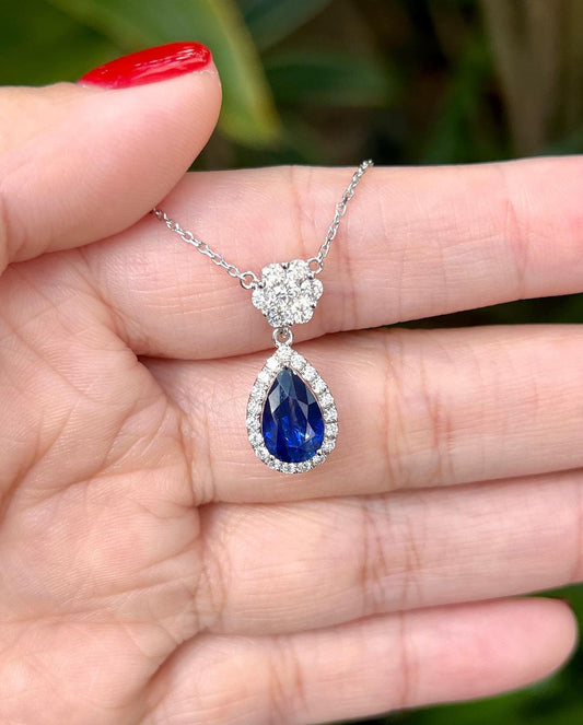 2.80Ct Blue Pear Cut Halo Pendant | Engagement Gift Pendant For Women | Timeless Design | Everyday Elegance Pendant | Bridal Jewelry