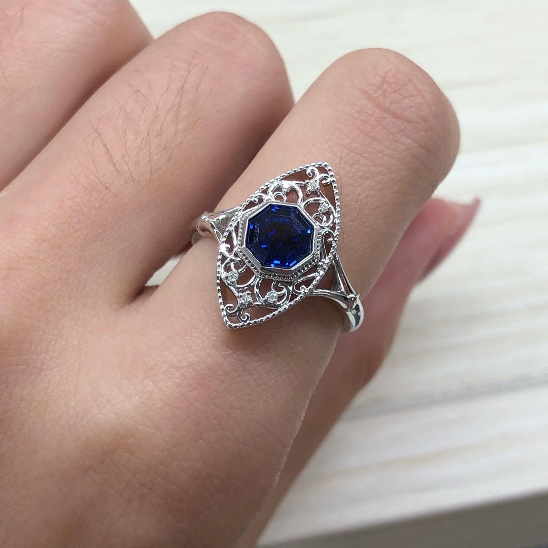 Vintage 2.77Ct Blue Octagon Cut Bezel Ring | Party Wear Ring For Her | Women Jewelry | Birthstone Ring