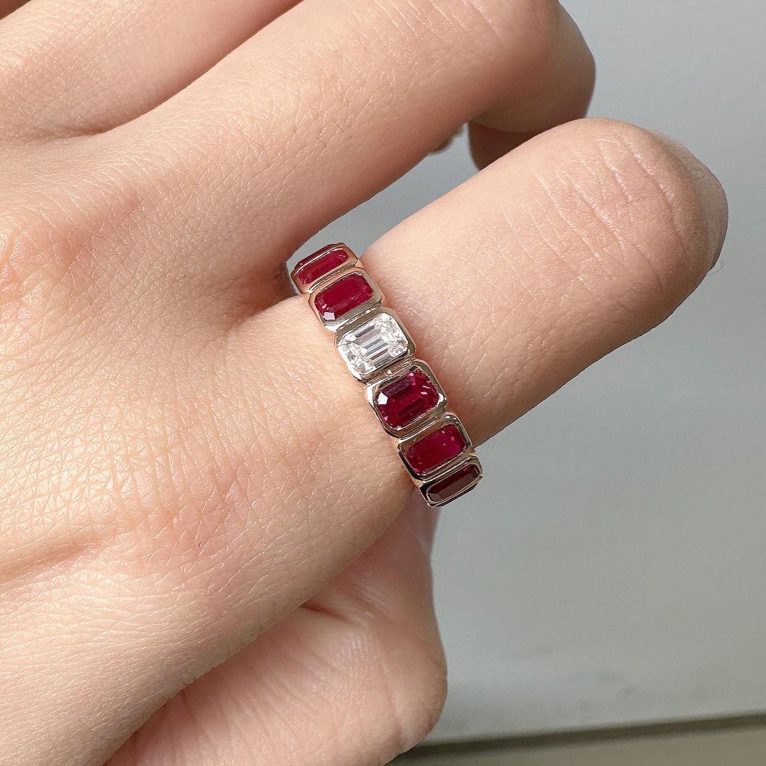 3.30Ct White And Red Emerald Cut Bezel With Full Eternity Band Ring | Wedding Band Ring | Bridal Jewelry Collection