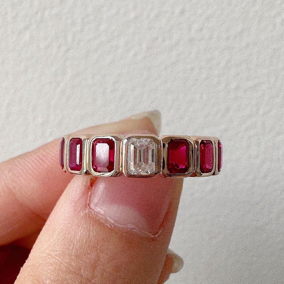 3.30Ct White And Red Emerald Cut Bezel With Full Eternity Band Ring | Wedding Band Ring | Bridal Jewelry Collection